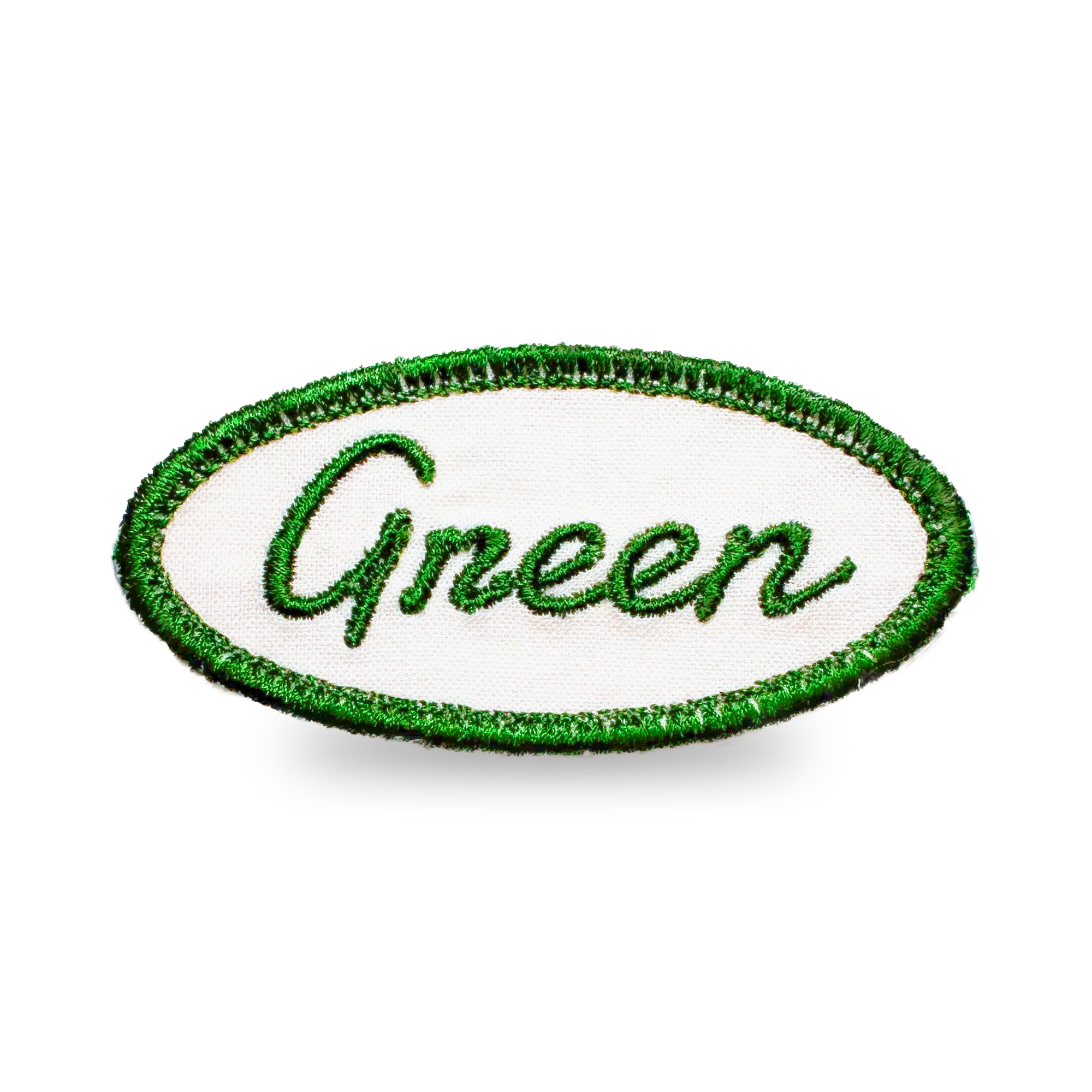 Customizable Embroidered Oval Patch With Green Thread Palm Stitch customizable-embroidered-oval-patch-with-green-thread-palm-stitch